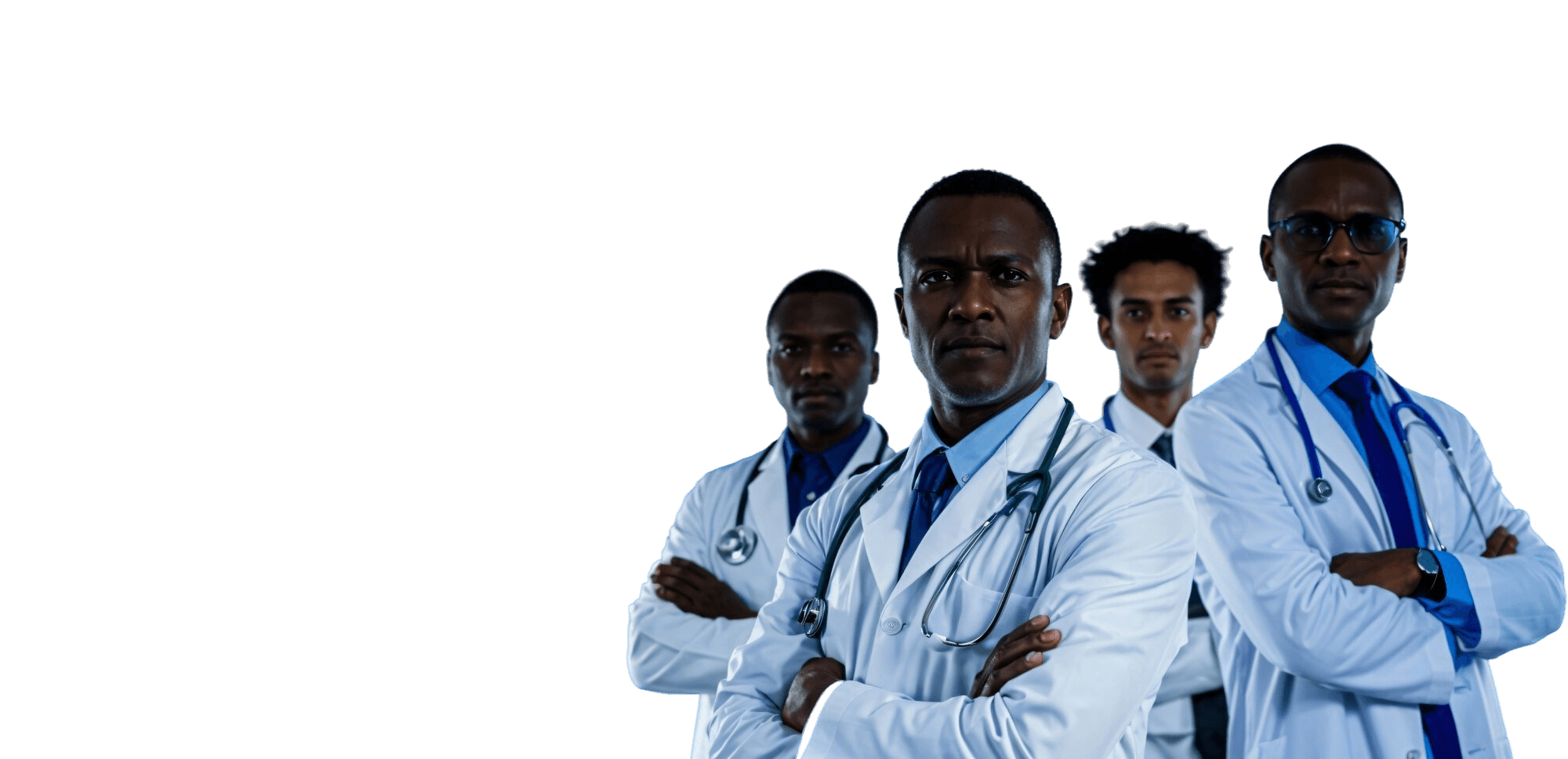 Four doctors in white coats standing with their arms folded